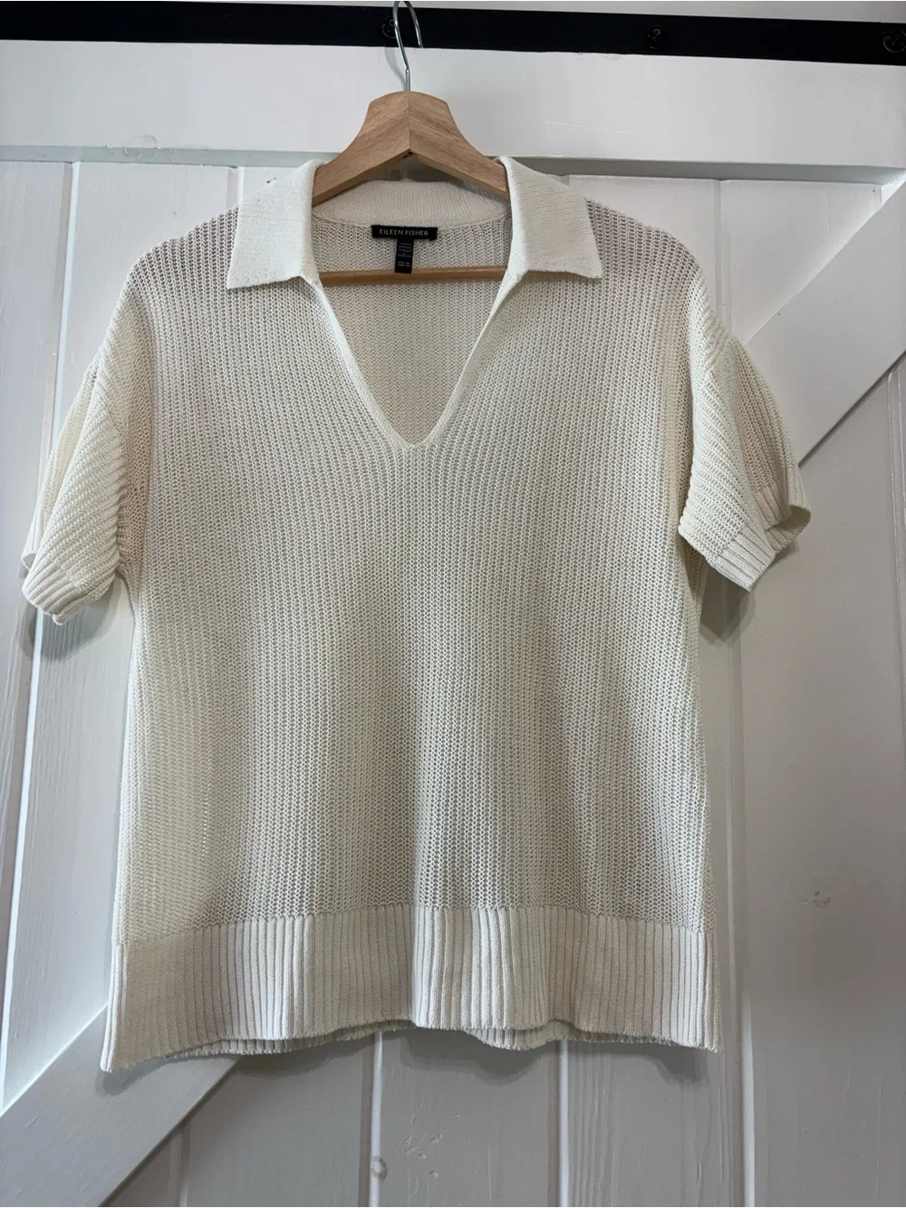 Eileen Fisher Cotton Silk Cord Split Neck Top Ivory Boxy Short Sleeve Luxury XS